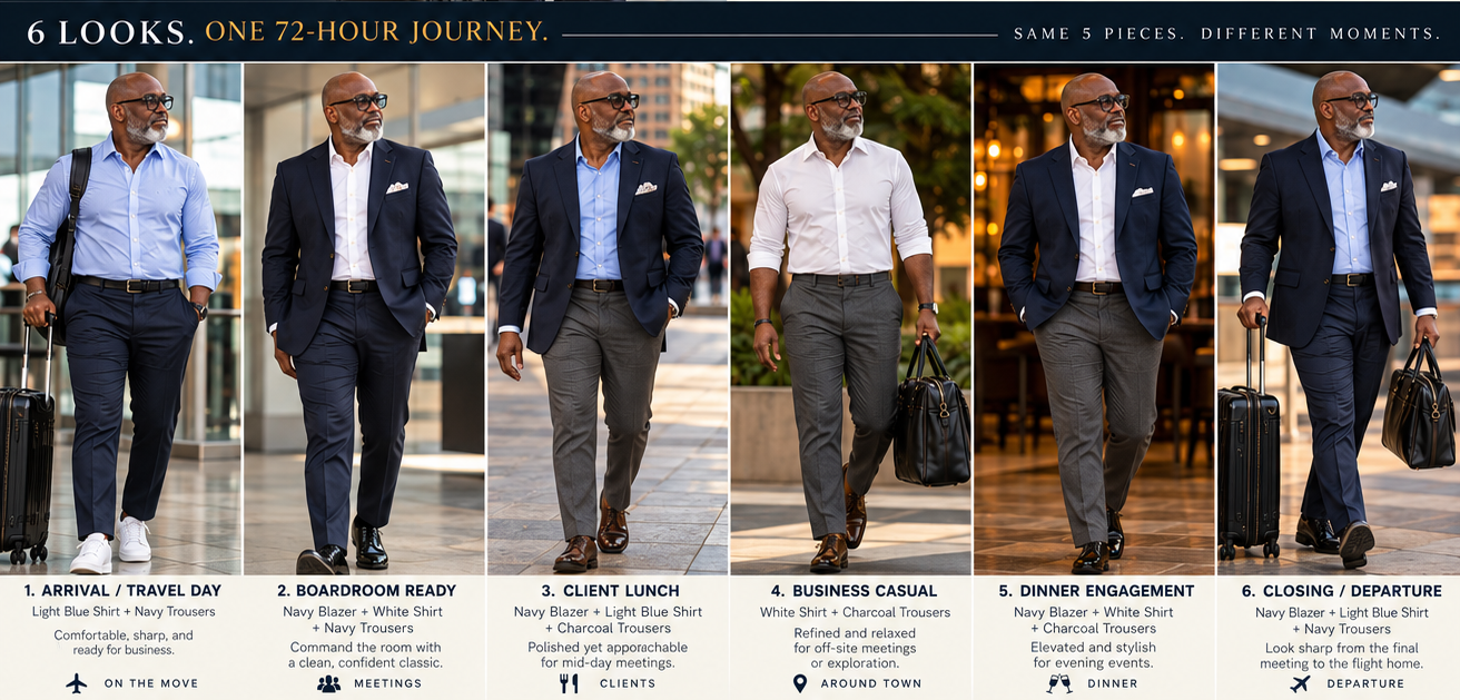 Six 72-Hour Dealmaker looks for arrival, boardroom, client lunch, business casual, dinner engagement, and departure